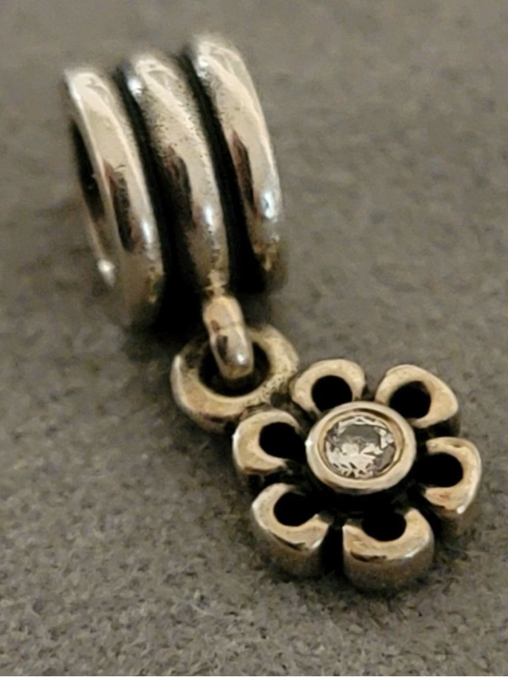 Pandora Retired Sterling Silver Flower Dangle Charm with Clear Stone CZ